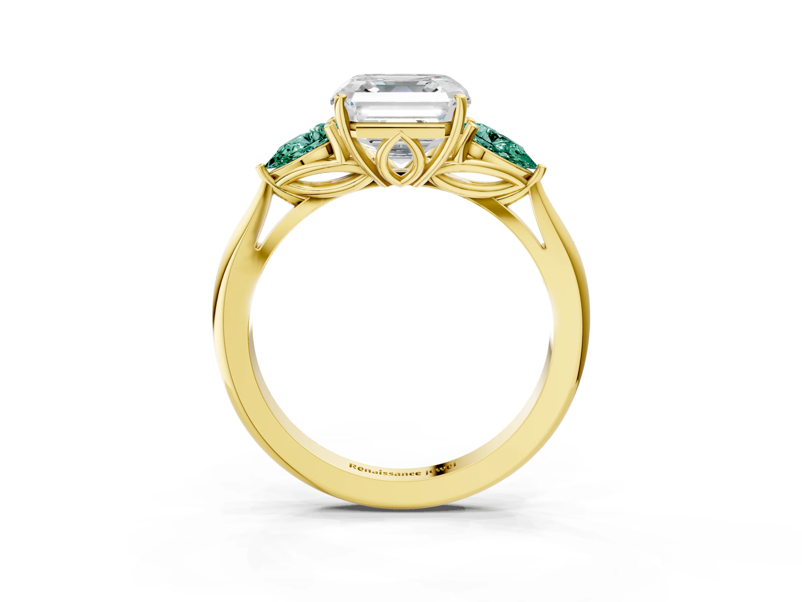 Yellow gold Asscher Cut Diamond Three-Stone Ring with Pear with Green Sapphire side stone Side Stones and Prong Setting_3
