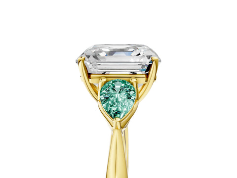 Yellow gold Asscher Cut Diamond Three-Stone Ring with Pear with Green Sapphire side stone Side Stones and Prong Setting_5