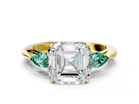 Yellow gold Asscher Cut Diamond Three-Stone Ring with Pear with Green Sapphire side stone Side Stones and Prong Setting