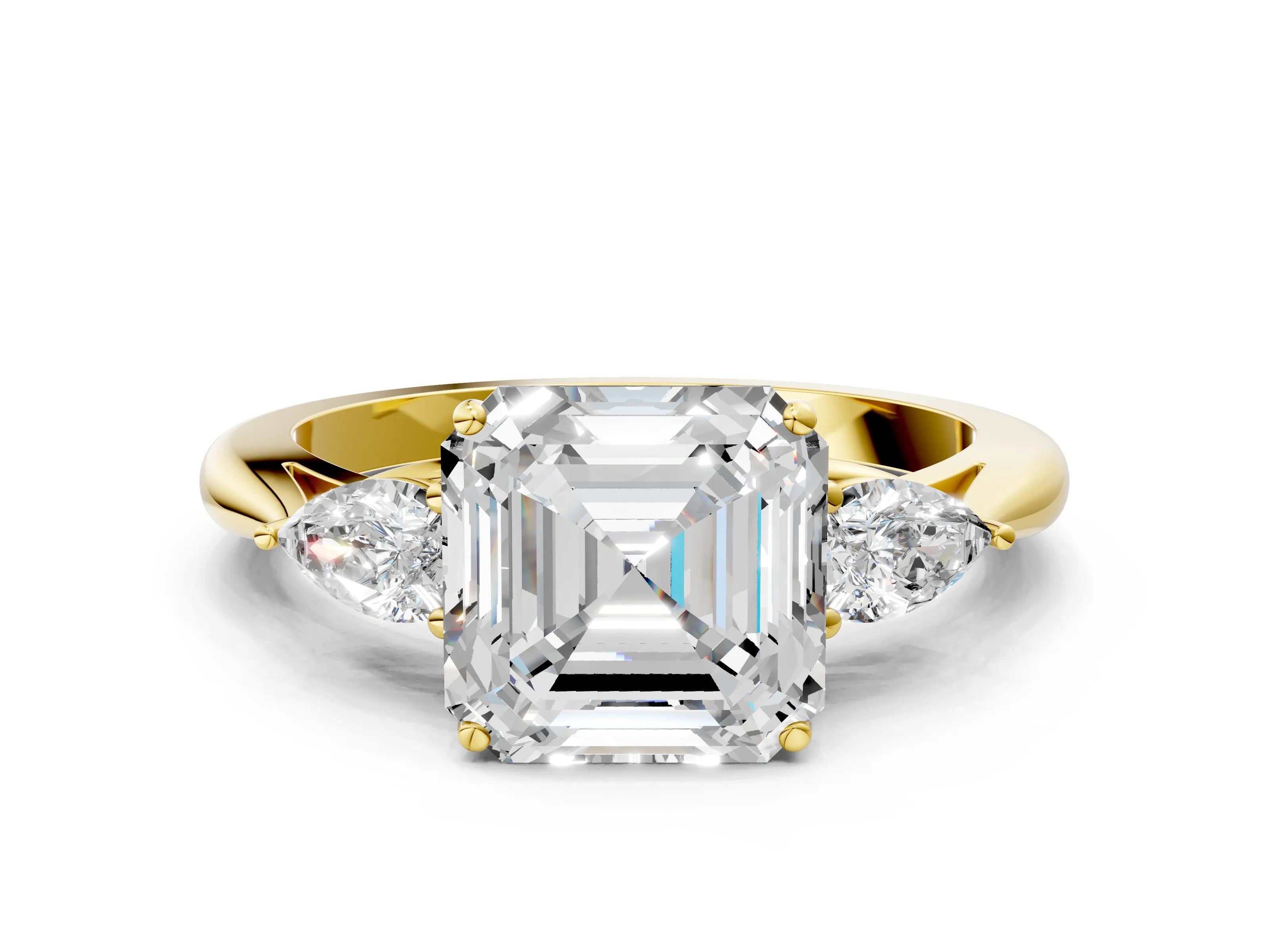 Yellow gold Asscher Cut Diamond Three-Stone Ring with Pear with Moissanite side stone Side Stones and Prong Setting
