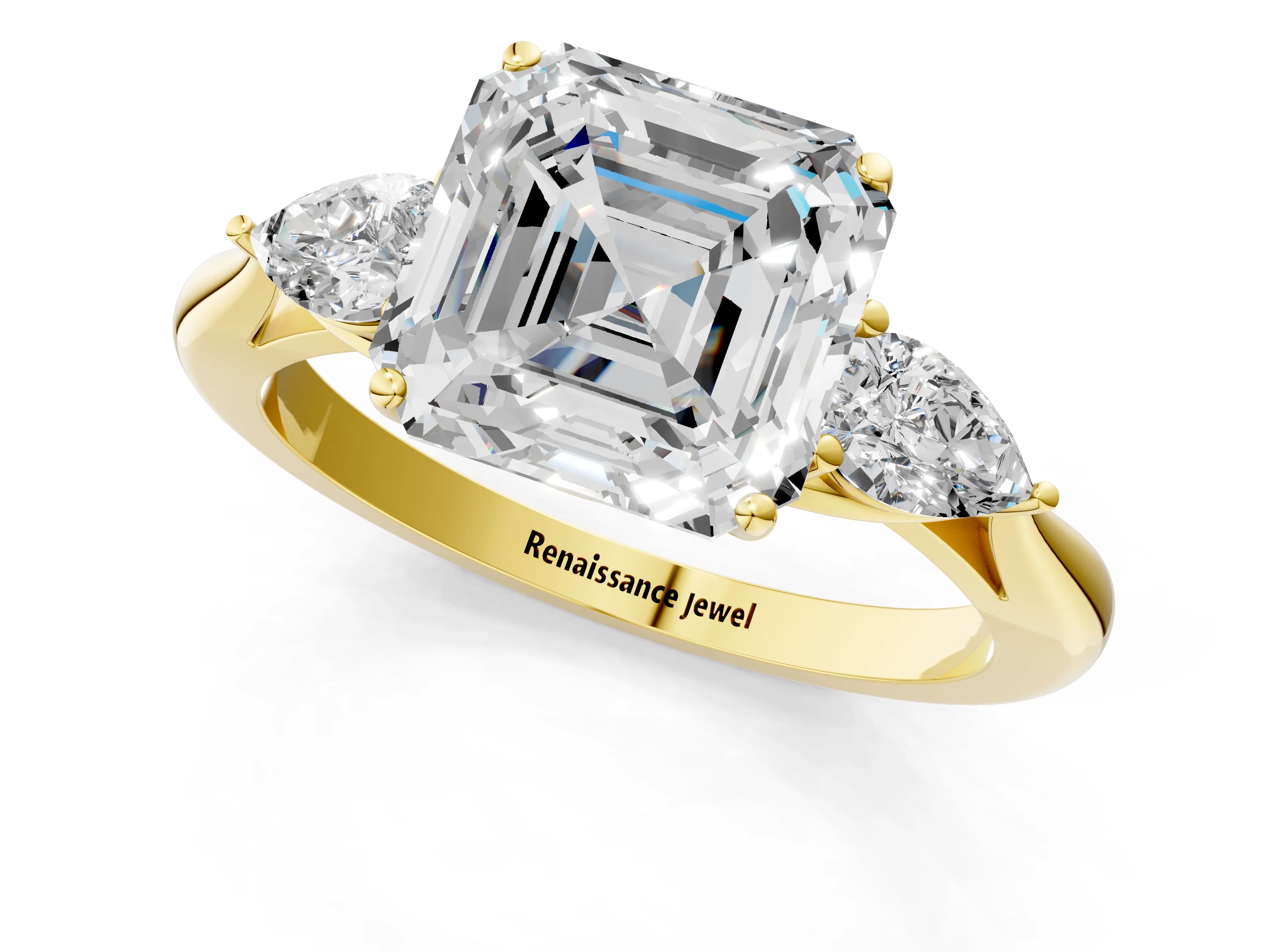 Yellow gold Asscher Cut Diamond Three-Stone Ring with Pear with Moissanite side stone Side Stones and Prong Setting_1