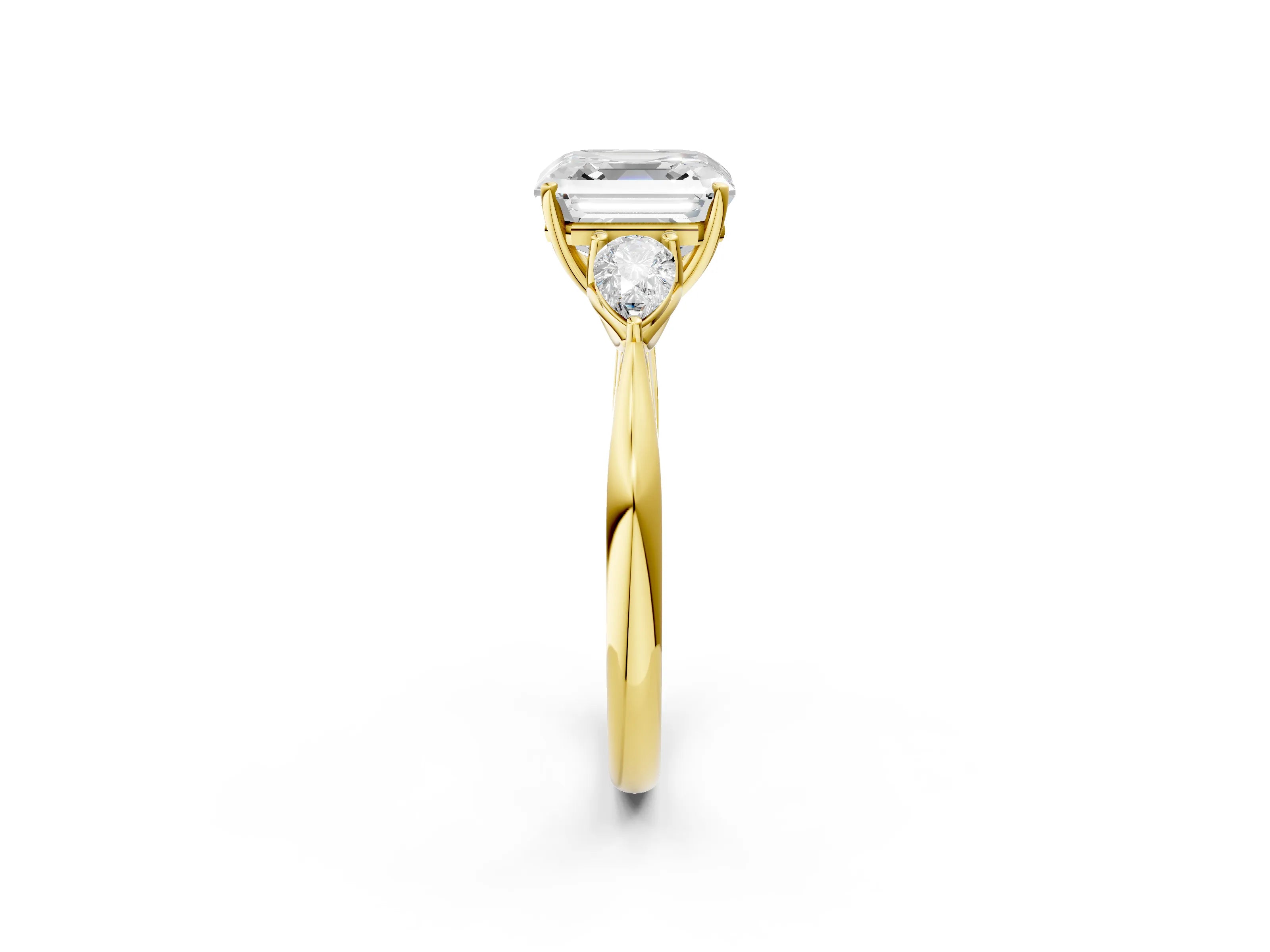 Yellow gold Asscher Cut Diamond Three-Stone Ring with Pear with Moissanite side stone Side Stones and Prong Setting_2