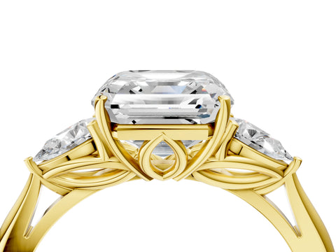 Yellow gold Asscher Cut Diamond Three-Stone Ring with Pear with Moissanite side stone Side Stones and Prong Setting_4