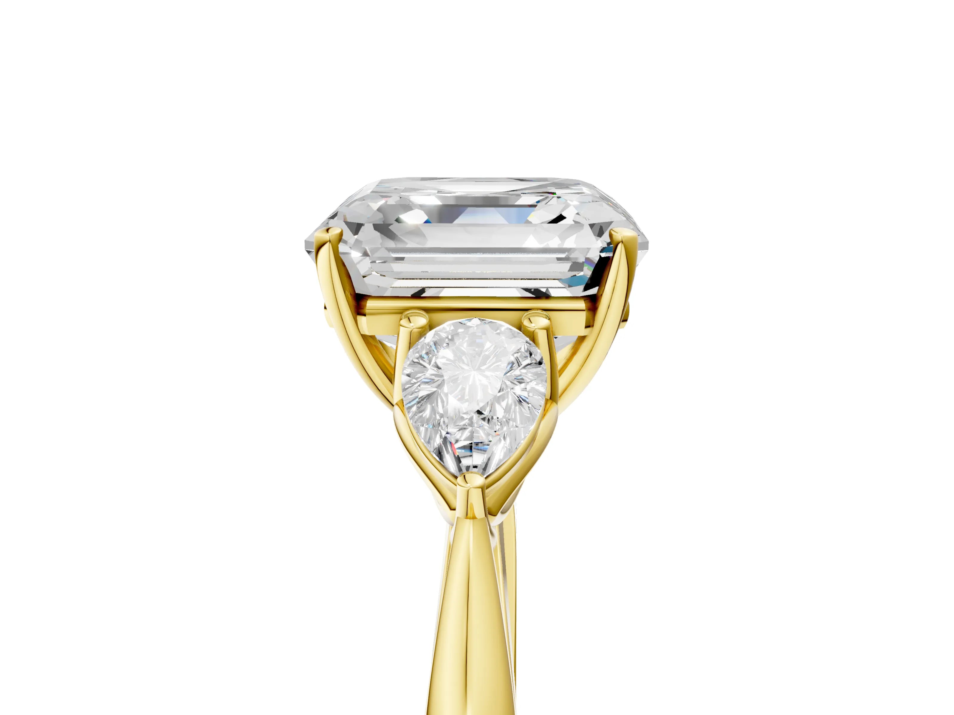 Yellow gold Asscher Cut Diamond Three-Stone Ring with Pear with Moissanite side stone Side Stones and Prong Setting_5