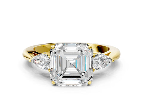 Yellow gold Asscher Cut Diamond Three-Stone Ring with Pear with Moissanite side stone Side Stones and Prong Setting