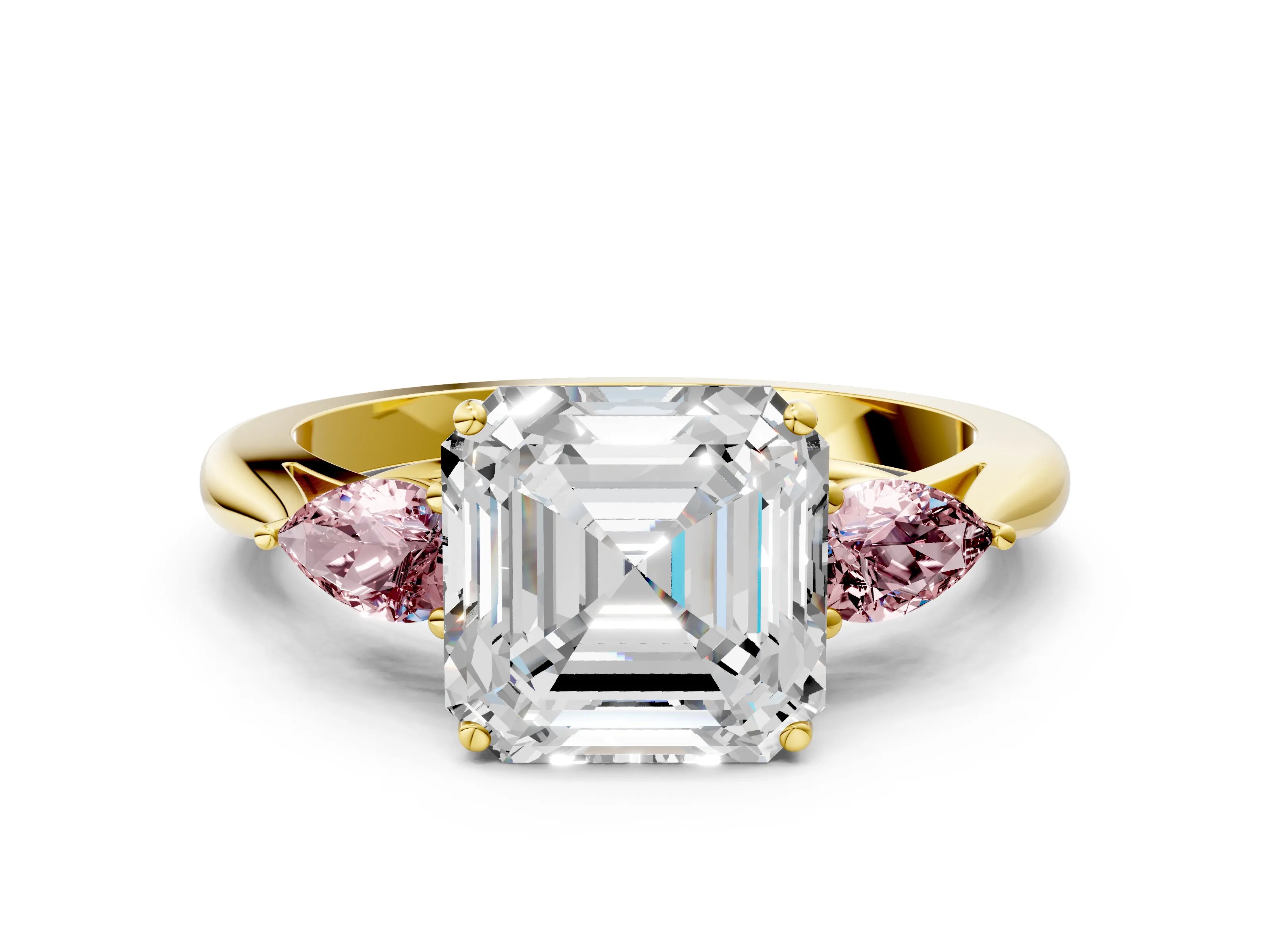Yellow gold Asscher Cut Diamond Three-Stone Ring with Pear with Morganite side stone Side Stones and Prong Setting