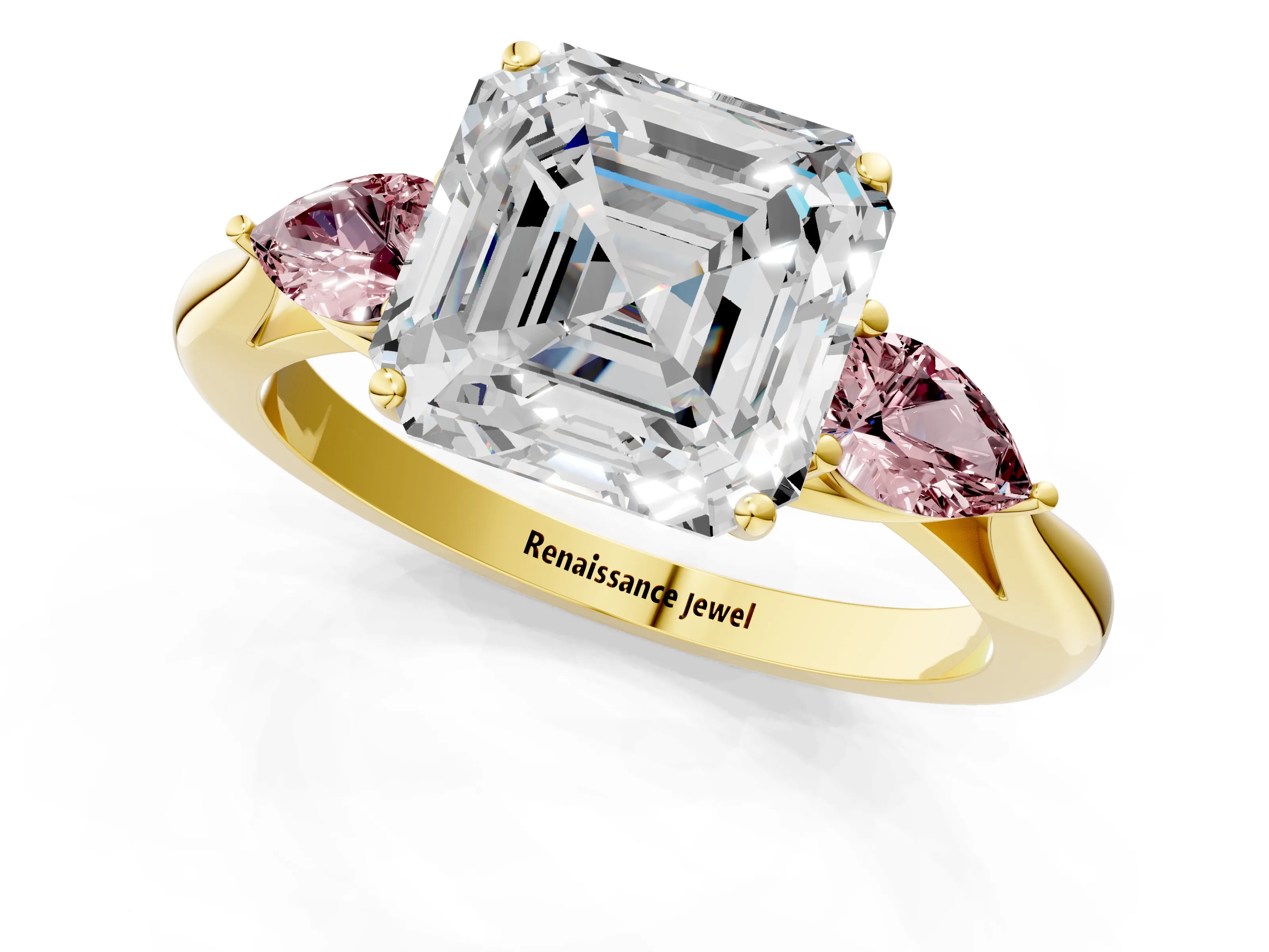 Yellow gold Asscher Cut Diamond Three-Stone Ring with Pear with Morganite side stone Side Stones and Prong Setting_1