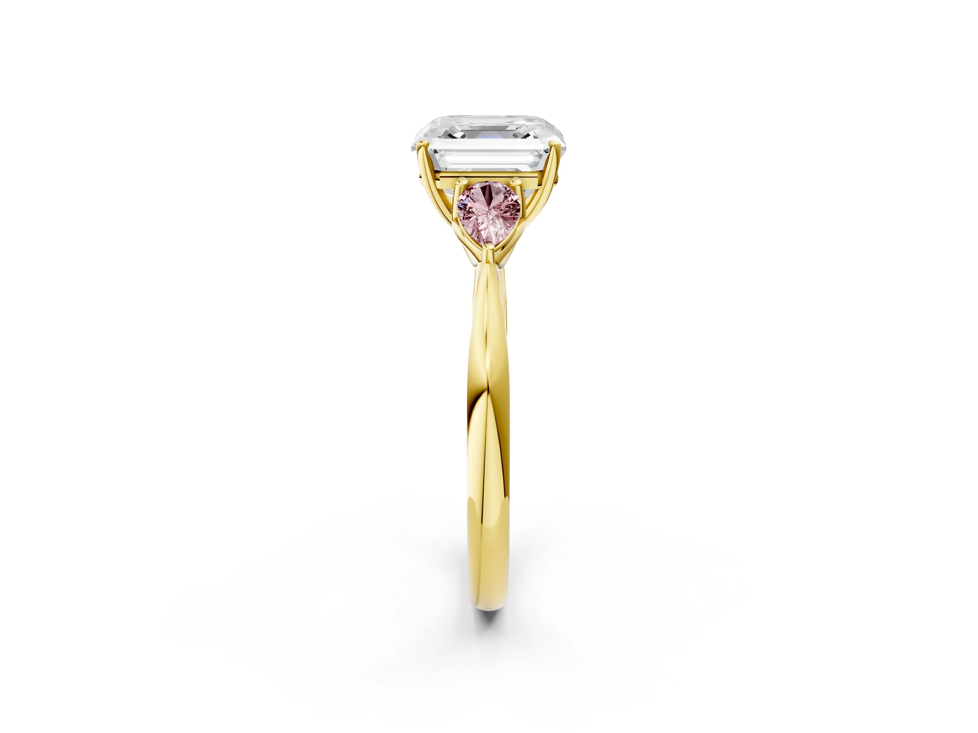 Yellow gold Asscher Cut Diamond Three-Stone Ring with Pear with Morganite side stone Side Stones and Prong Setting_2