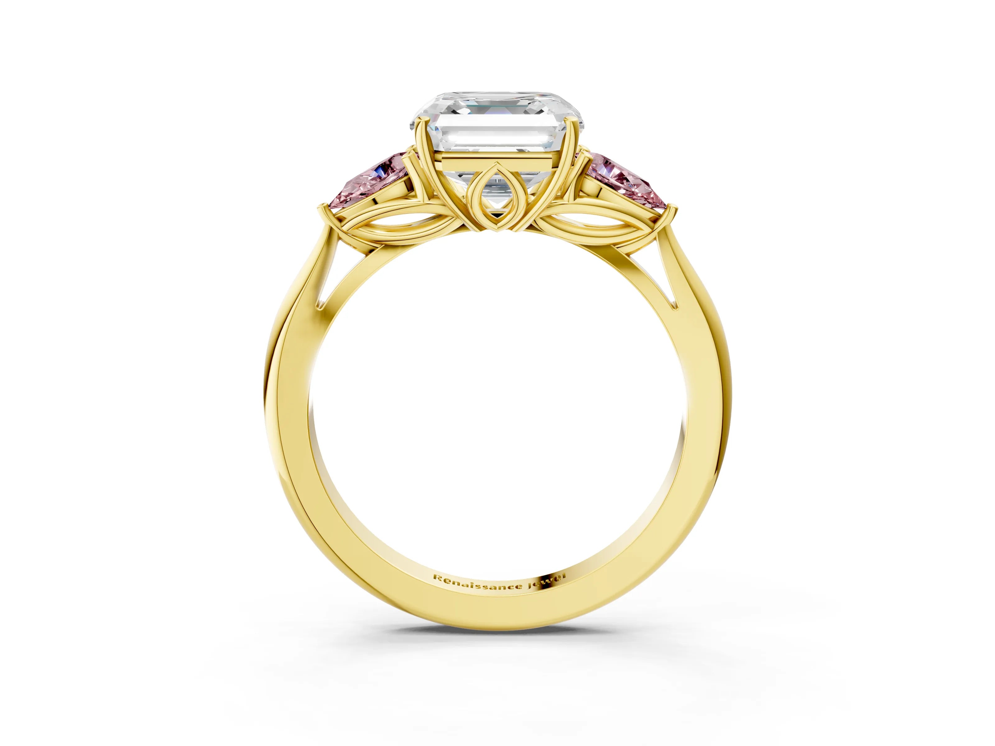 Yellow gold Asscher Cut Diamond Three-Stone Ring with Pear with Morganite side stone Side Stones and Prong Setting_3