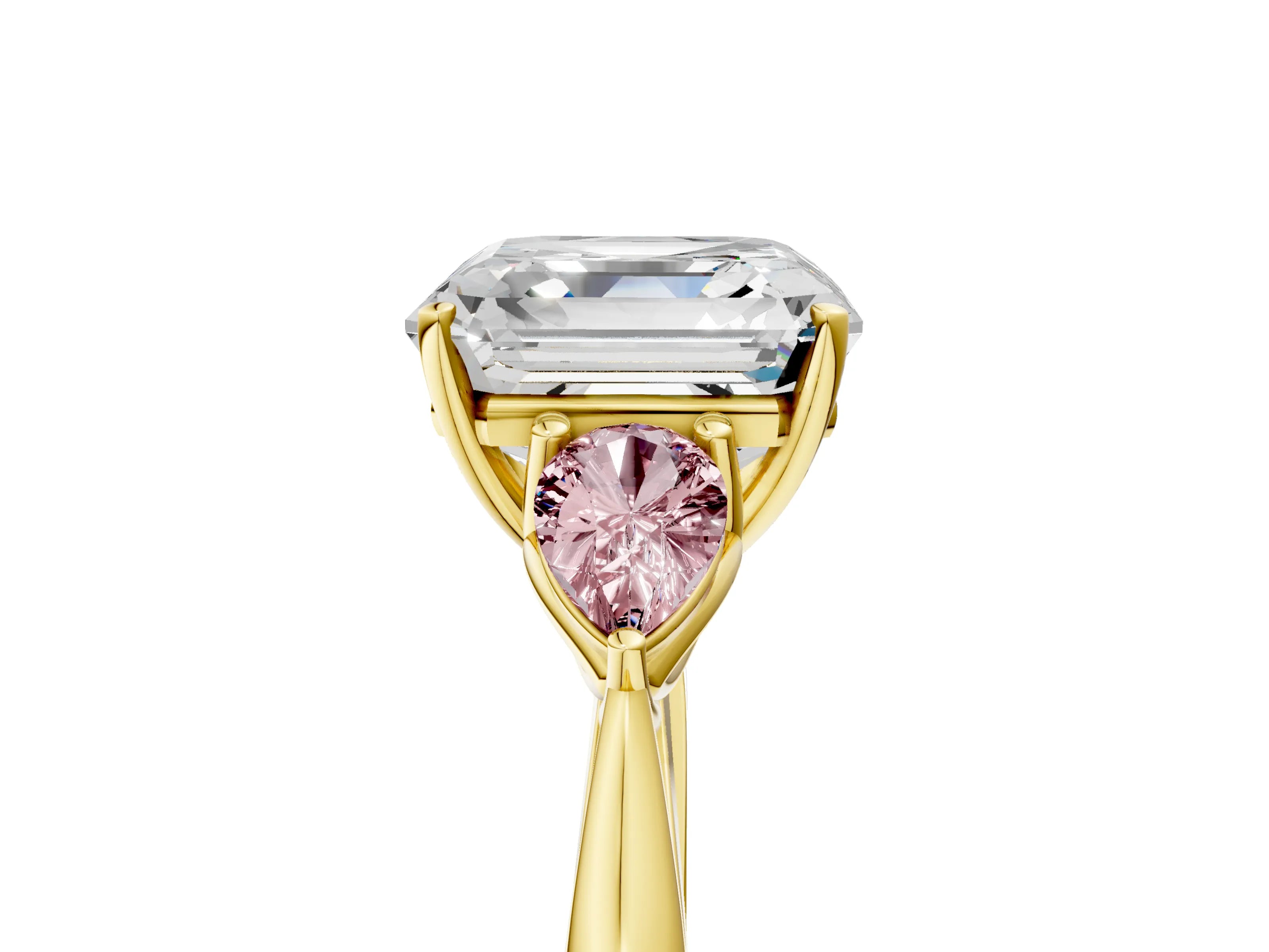 Yellow gold Asscher Cut Diamond Three-Stone Ring with Pear with Morganite side stone Side Stones and Prong Setting_5