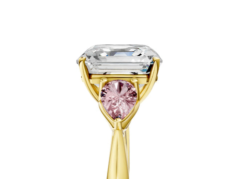 Yellow gold Asscher Cut Diamond Three-Stone Ring with Pear with Morganite side stone Side Stones and Prong Setting_5