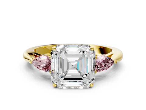 Yellow gold Asscher Cut Diamond Three-Stone Ring with Pear with Morganite side stone Side Stones and Prong Setting
