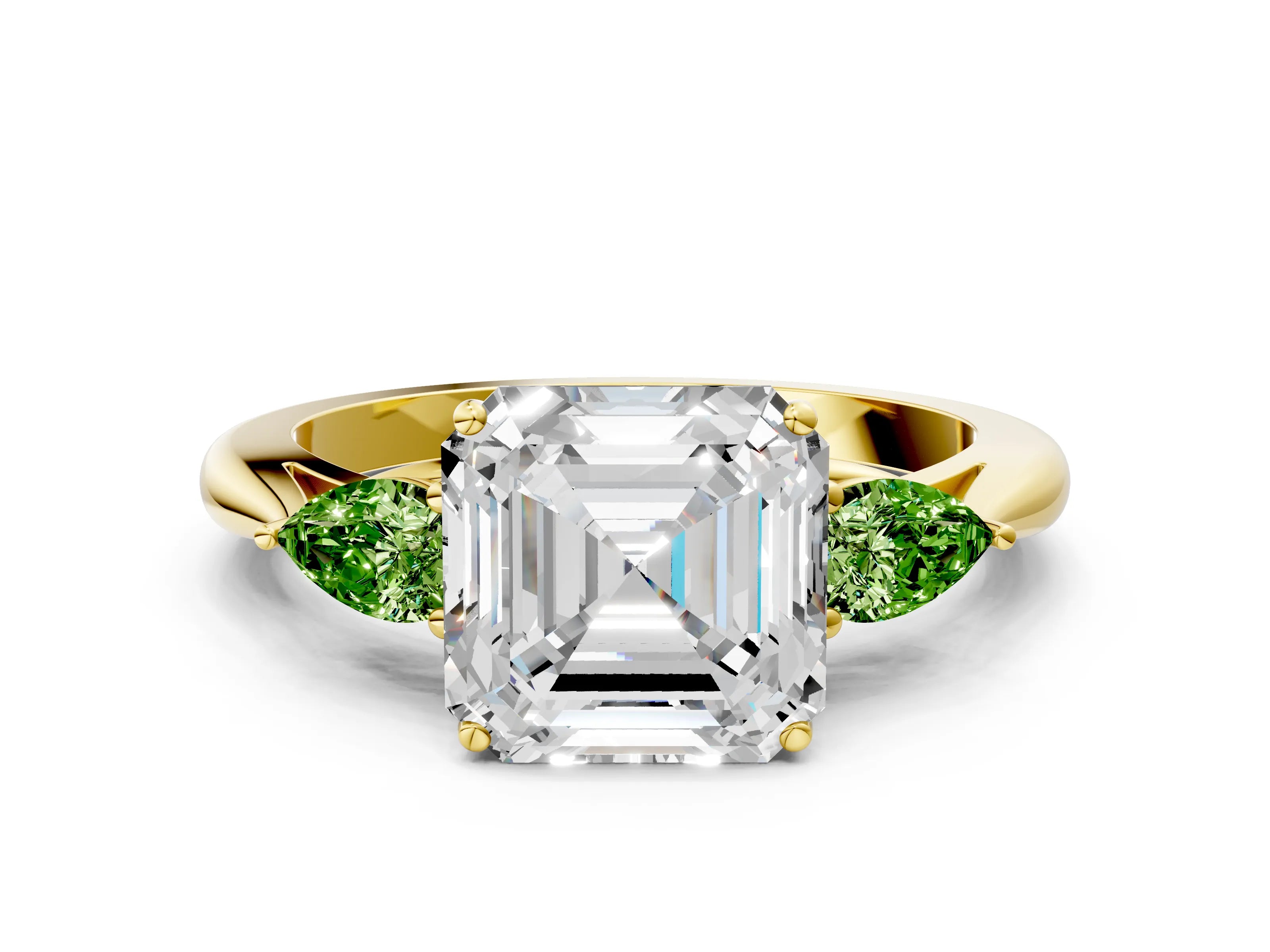 Yellow gold Asscher Cut Diamond Three-Stone Ring with Pear with Peridot side stone Side Stones and Prong Setting