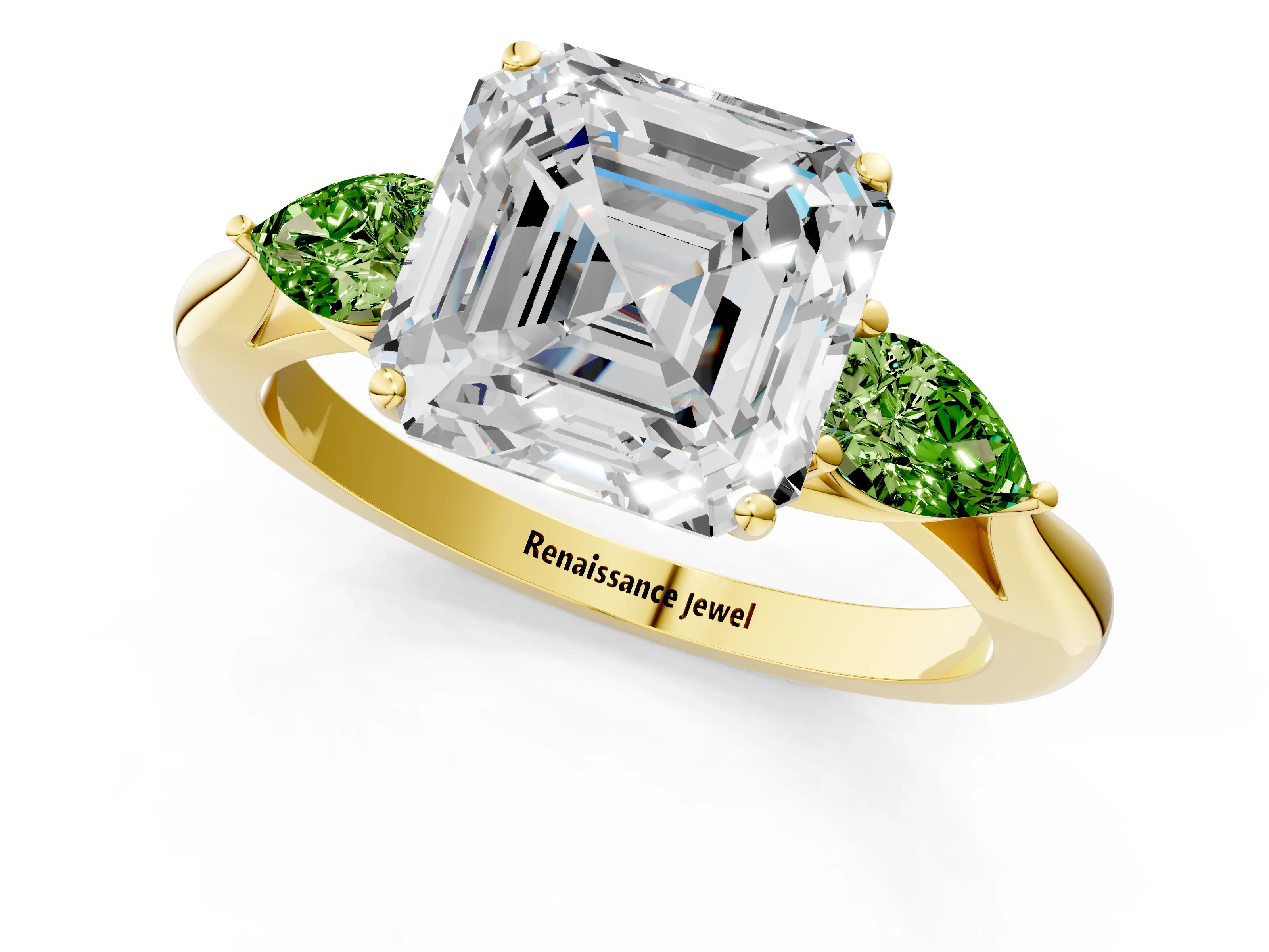 Yellow gold Asscher Cut Diamond Three-Stone Ring with Pear with Peridot side stone Side Stones and Prong Setting_1