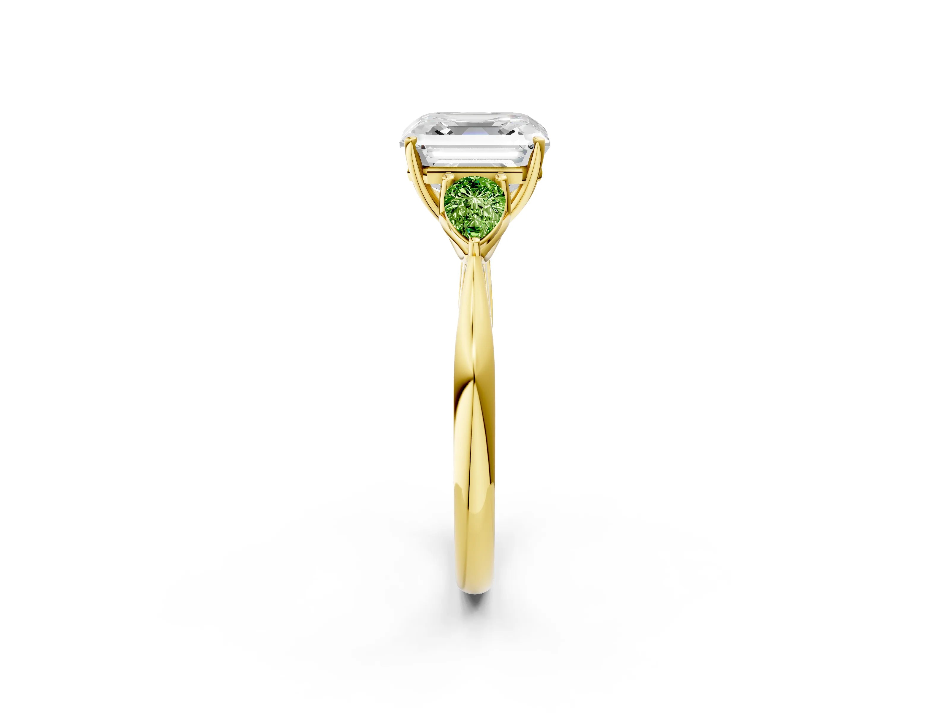 Yellow gold Asscher Cut Diamond Three-Stone Ring with Pear with Peridot side stone Side Stones and Prong Setting_2