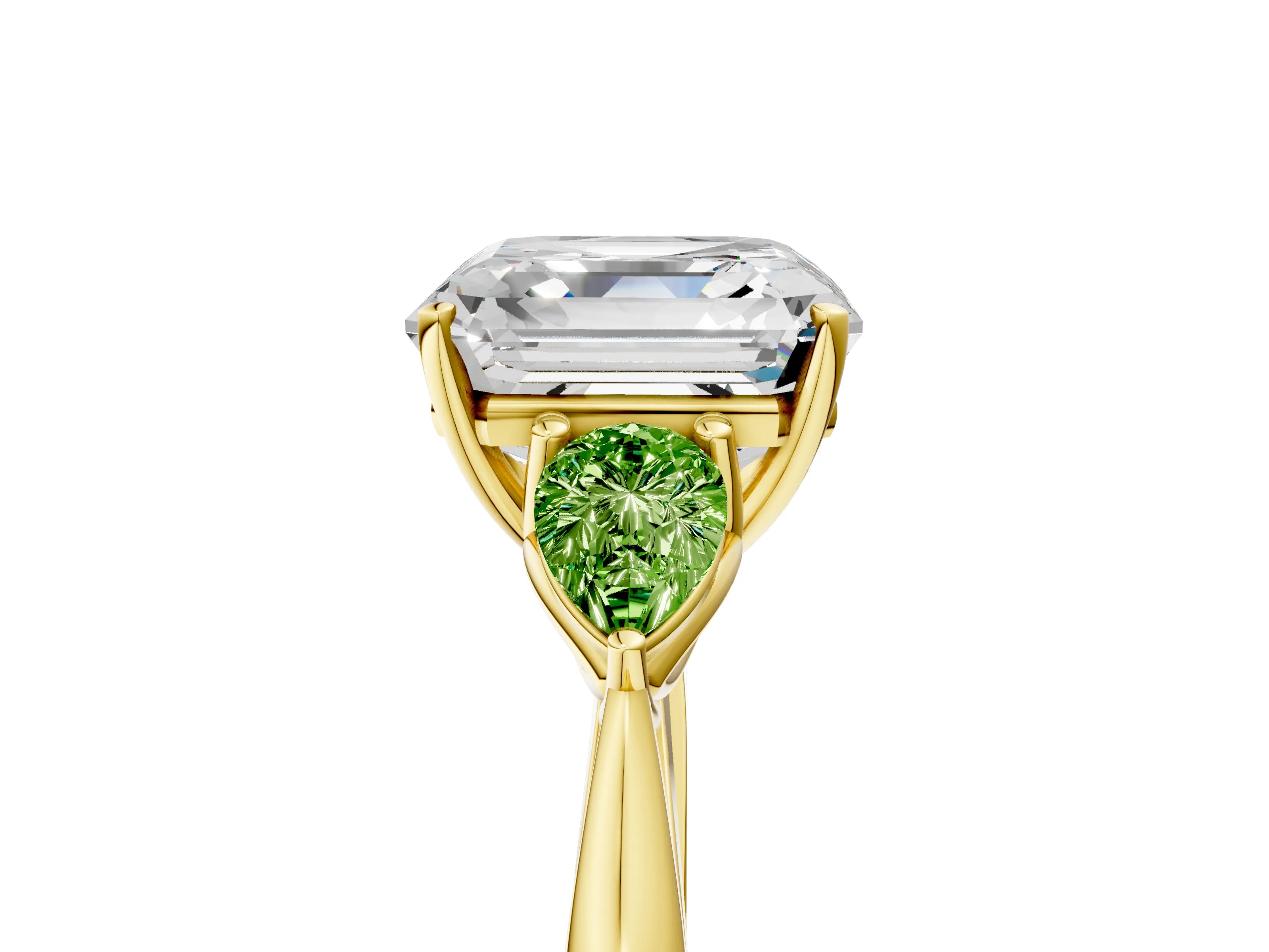 Yellow gold Asscher Cut Diamond Three-Stone Ring with Pear with Peridot side stone Side Stones and Prong Setting_5