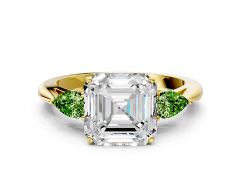 Yellow gold Asscher Cut Diamond Three-Stone Ring with Pear with Peridot side stone Side Stones and Prong Setting