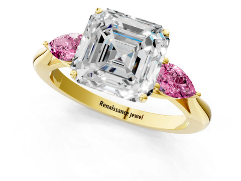 Yellow gold Asscher Cut Diamond Three-Stone Ring with Pear with Pink Sapphire side stone Side Stones and Prong Setting_1