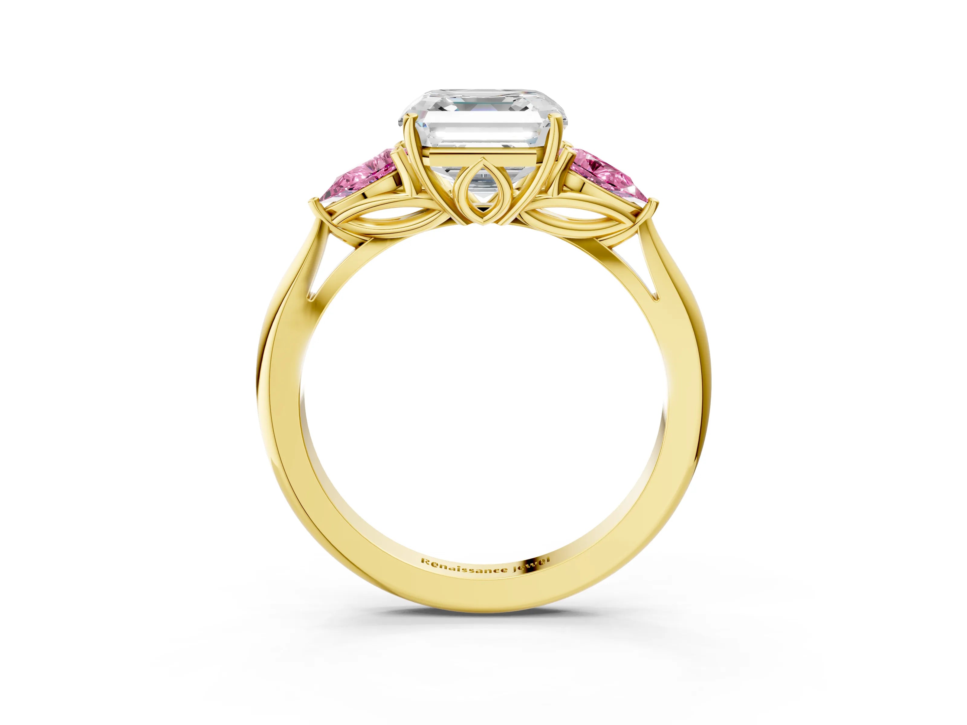 Yellow gold Asscher Cut Diamond Three-Stone Ring with Pear with Pink Sapphire side stone Side Stones and Prong Setting_3