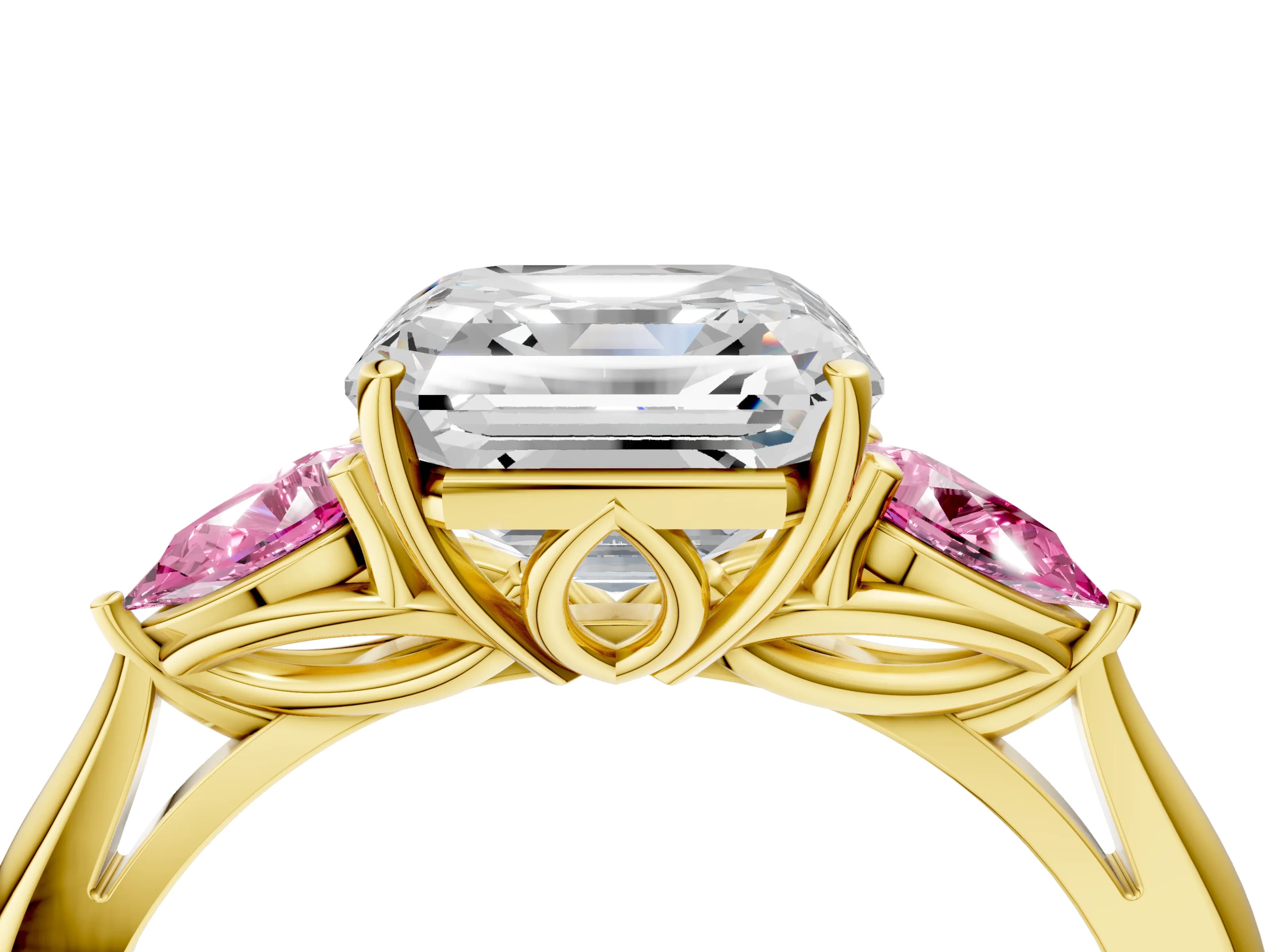 Yellow gold Asscher Cut Diamond Three-Stone Ring with Pear with Pink Sapphire side stone Side Stones and Prong Setting_4