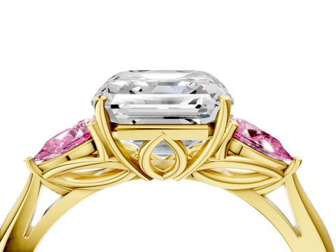 Yellow gold Asscher Cut Diamond Three-Stone Ring with Pear with Pink Sapphire side stone Side Stones and Prong Setting_4