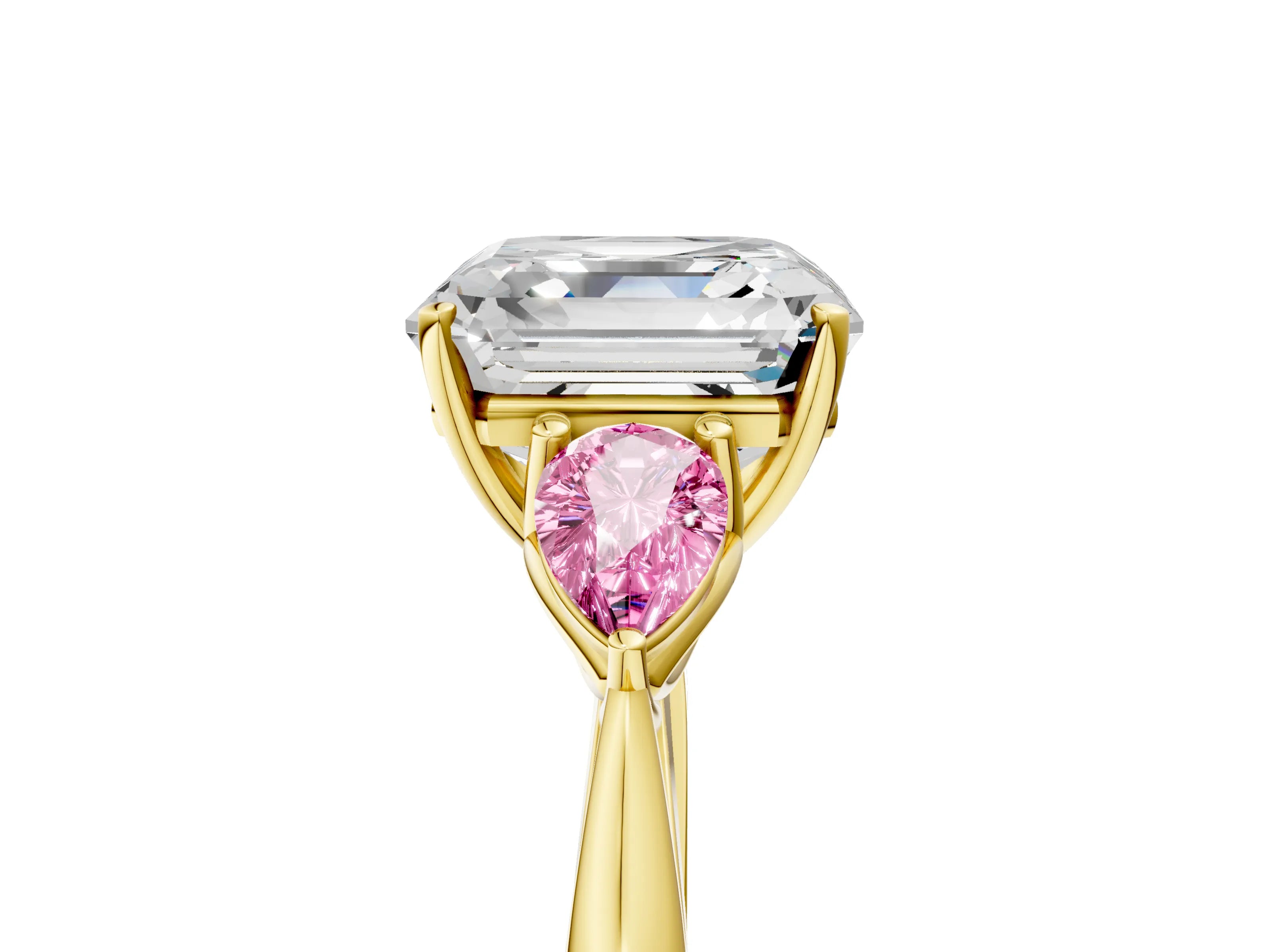 Yellow gold Asscher Cut Diamond Three-Stone Ring with Pear with Pink Sapphire side stone Side Stones and Prong Setting_5