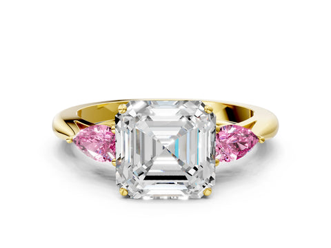 Yellow gold Asscher Cut Diamond Three-Stone Ring with Pear with Pink Sapphire side stone Side Stones and Prong Setting