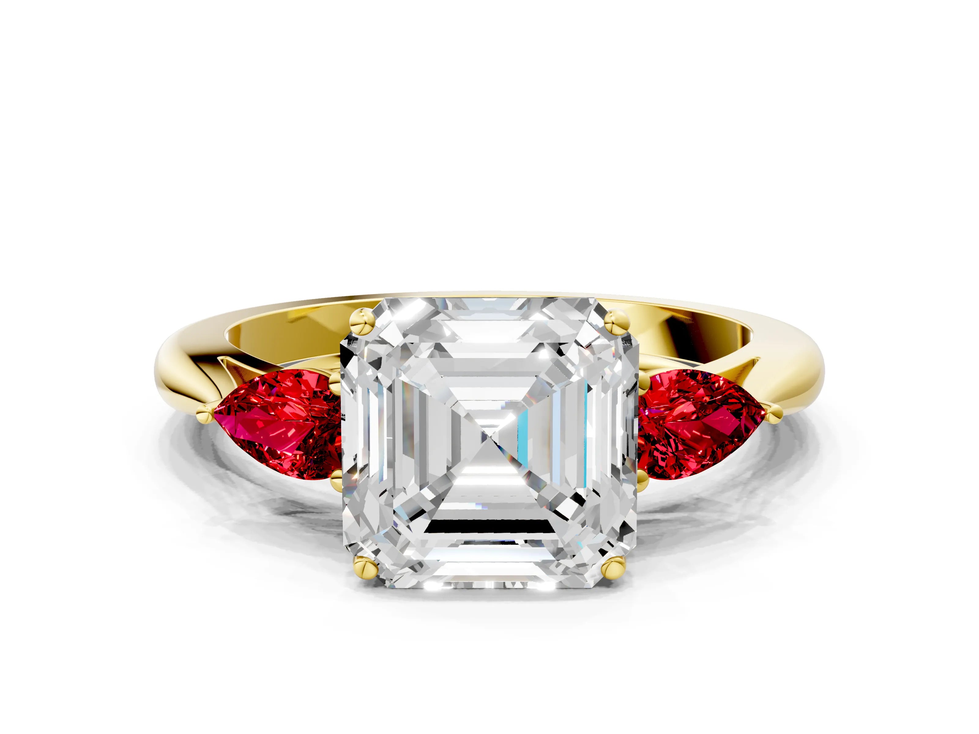 Yellow gold Asscher Cut Diamond Three-Stone Ring with Pear with Ruby side stone Side Stones and Prong Setting