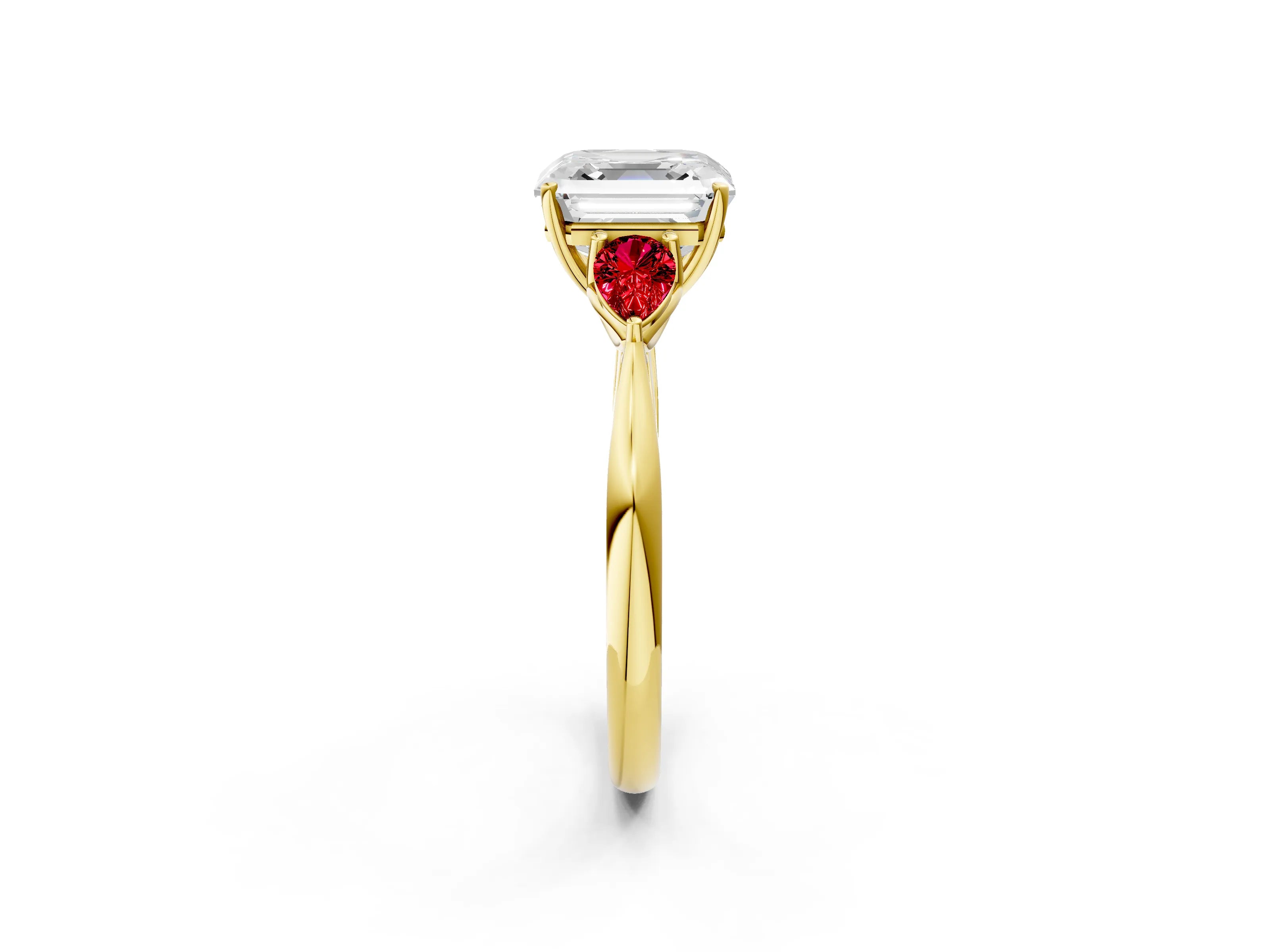 Yellow gold Asscher Cut Diamond Three-Stone Ring with Pear with Ruby side stone Side Stones and Prong Setting_2