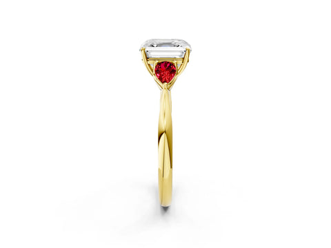 Yellow gold Asscher Cut Diamond Three-Stone Ring with Pear with Ruby side stone Side Stones and Prong Setting_2