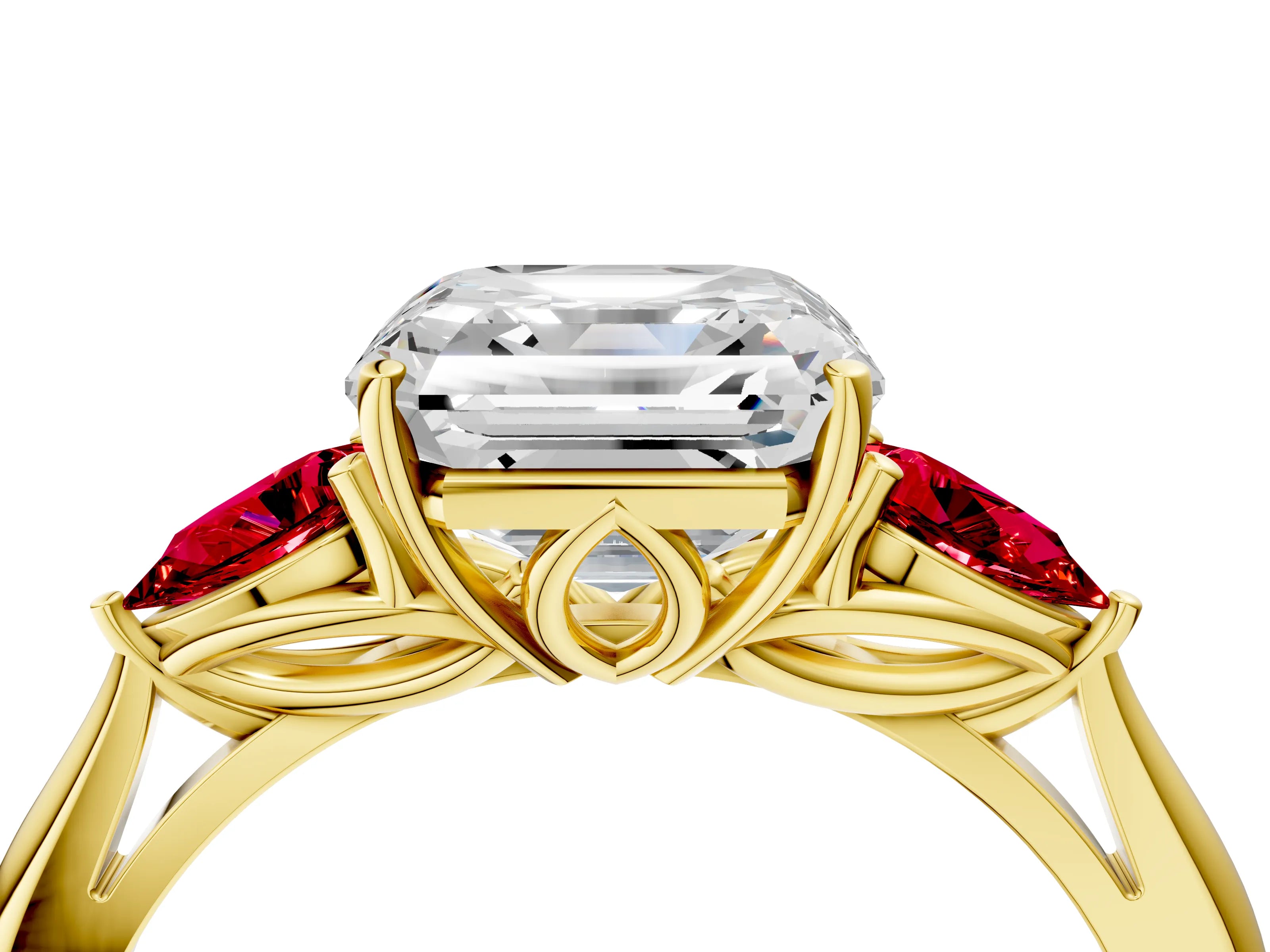 Yellow gold Asscher Cut Diamond Three-Stone Ring with Pear with Ruby side stone Side Stones and Prong Setting_4