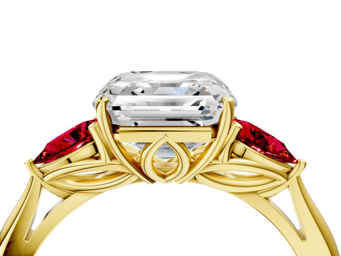 Yellow gold Asscher Cut Diamond Three-Stone Ring with Pear with Ruby side stone Side Stones and Prong Setting_4