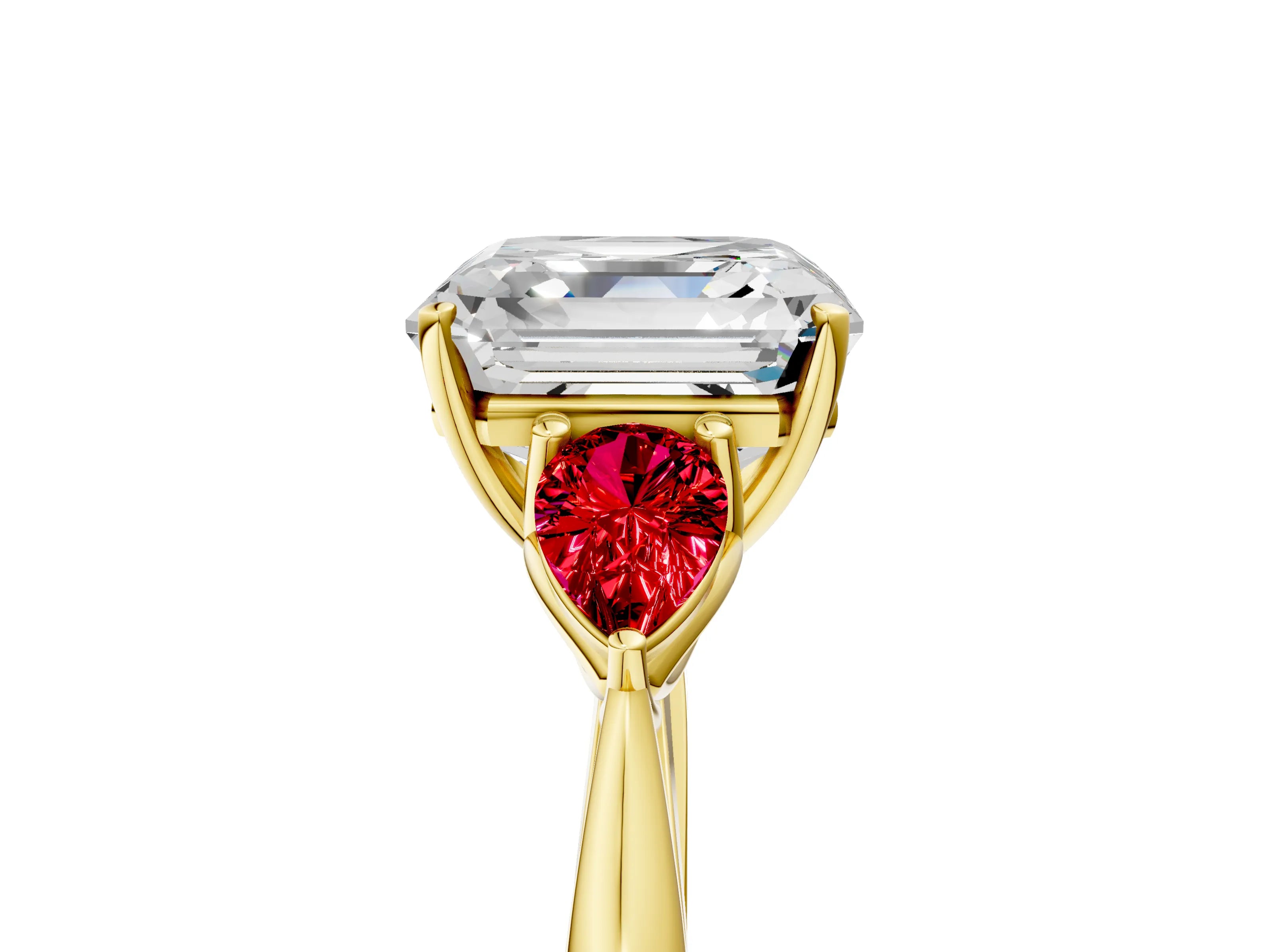 Yellow gold Asscher Cut Diamond Three-Stone Ring with Pear with Ruby side stone Side Stones and Prong Setting_5