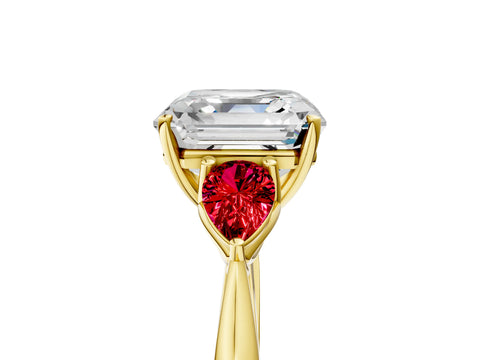 Yellow gold Asscher Cut Diamond Three-Stone Ring with Pear with Ruby side stone Side Stones and Prong Setting_5