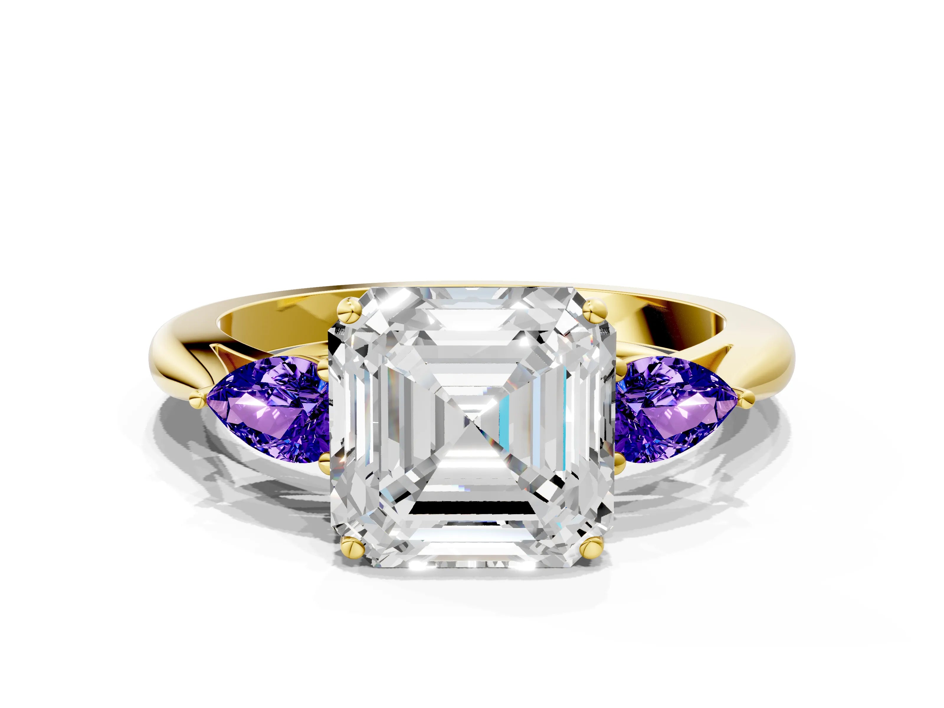 Yellow gold Asscher Cut Diamond Three-Stone Ring with Pear with Tanzanite side stone Side Stones and Prong Setting