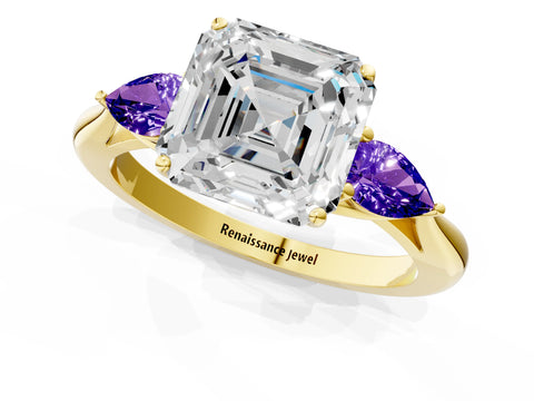 Yellow gold Asscher Cut Diamond Three-Stone Ring with Pear with Tanzanite side stone Side Stones and Prong Setting_1