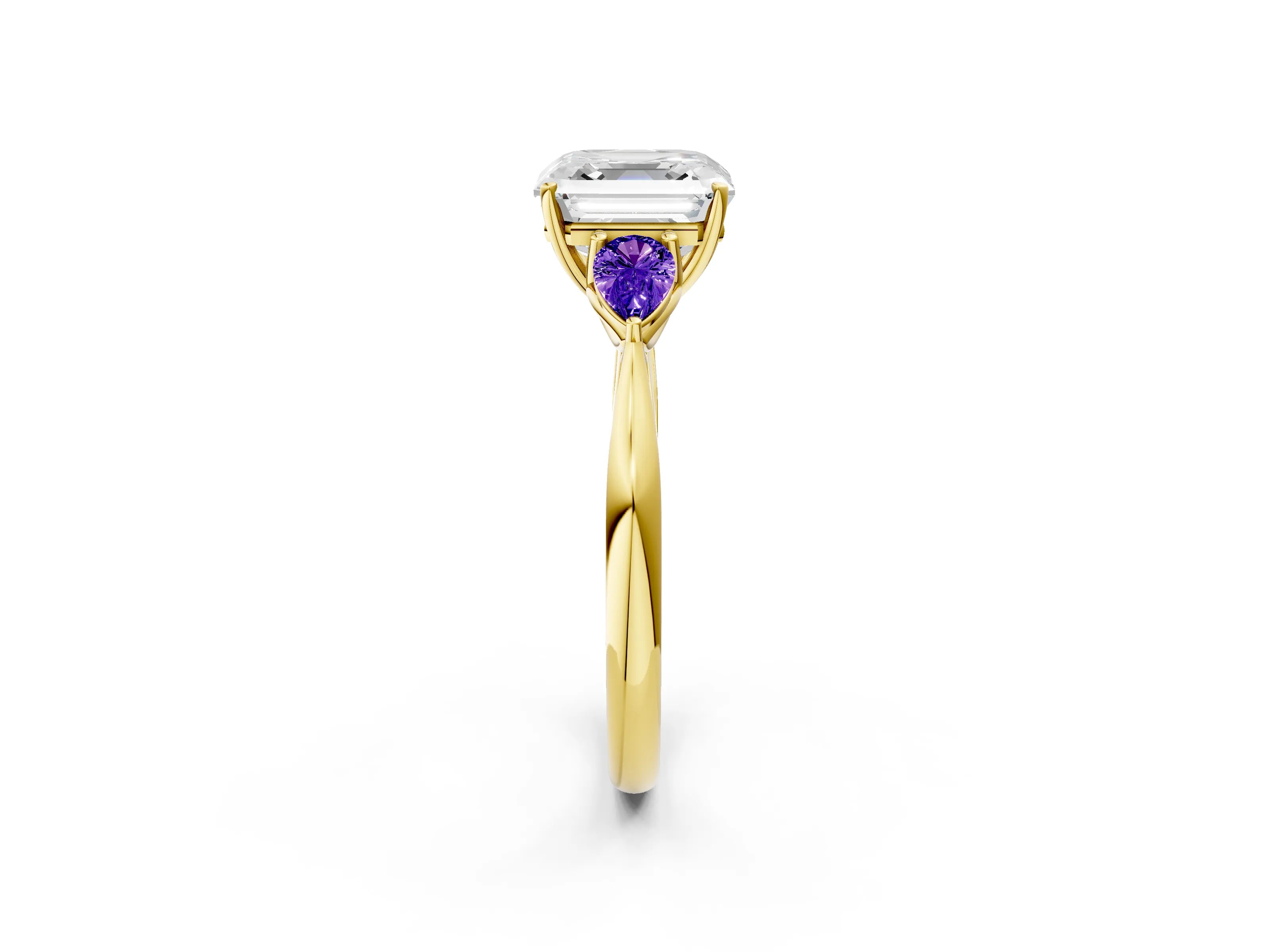 Yellow gold Asscher Cut Diamond Three-Stone Ring with Pear with Tanzanite side stone Side Stones and Prong Setting_2