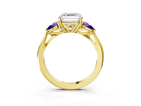 Yellow gold Asscher Cut Diamond Three-Stone Ring with Pear with Tanzanite side stone Side Stones and Prong Setting_3