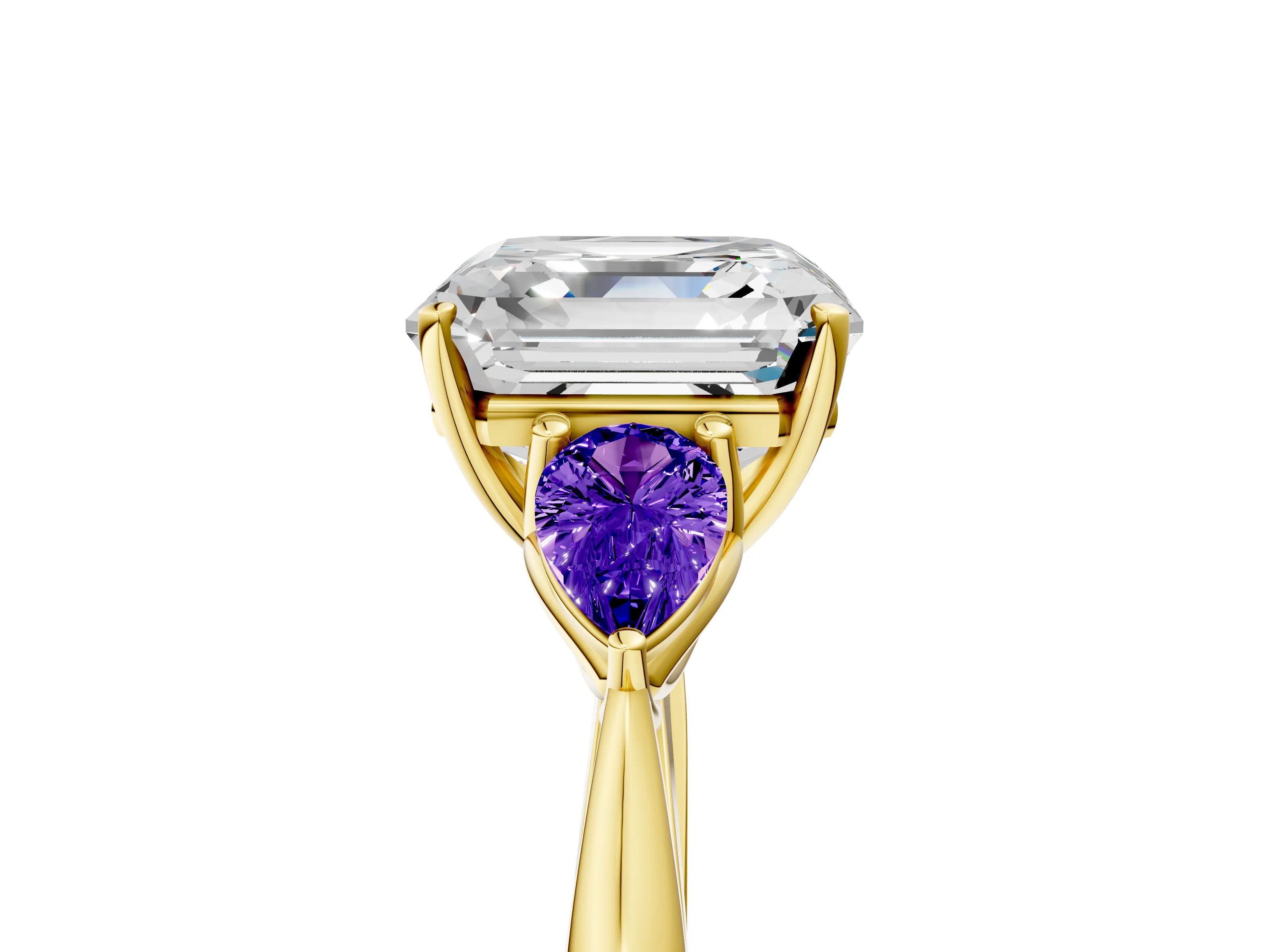 Yellow gold Asscher Cut Diamond Three-Stone Ring with Pear with Tanzanite side stone Side Stones and Prong Setting_5