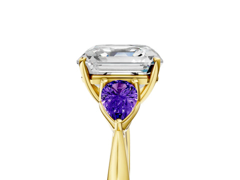 Yellow gold Asscher Cut Diamond Three-Stone Ring with Pear with Tanzanite side stone Side Stones and Prong Setting_5