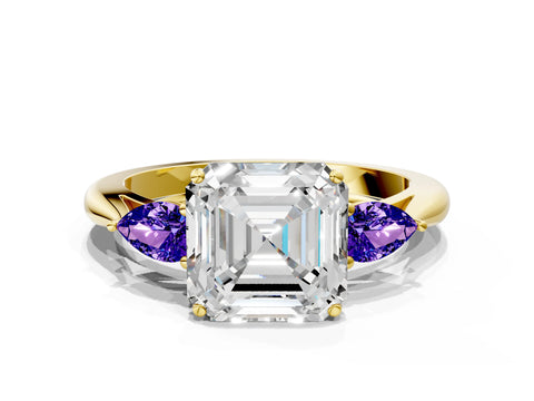 Yellow gold Asscher Cut Diamond Three-Stone Ring with Pear with Tanzanite side stone Side Stones and Prong Setting
