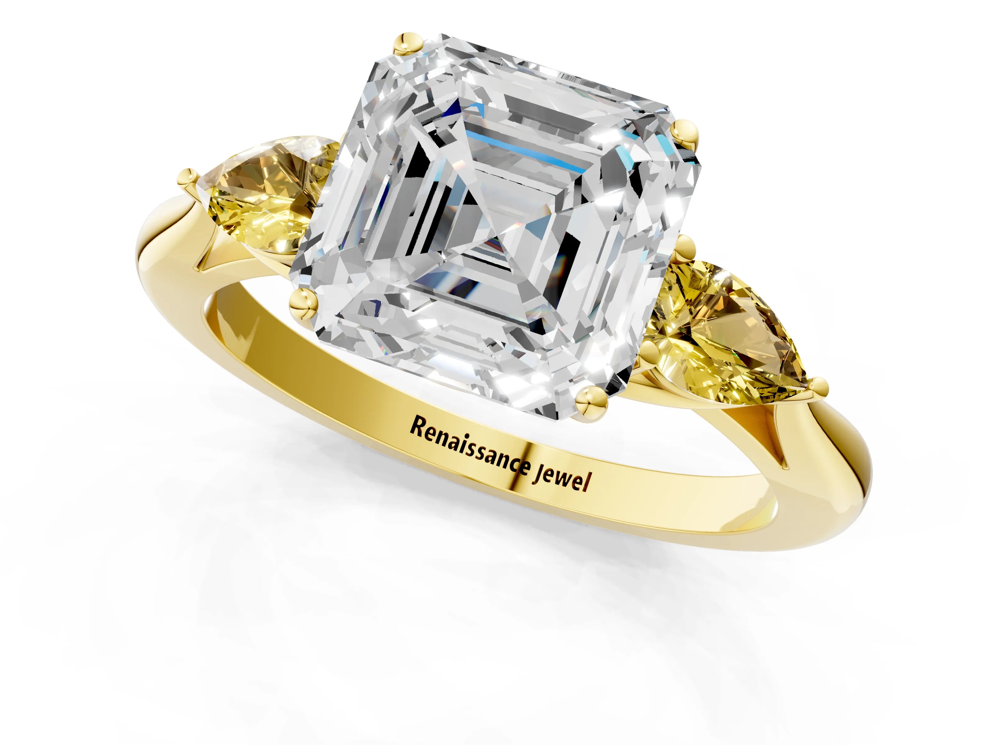 Yellow gold Asscher Cut Diamond Three-Stone Ring with Pear with Yellow Sapphire side stone Side Stones and Prong Setting_1