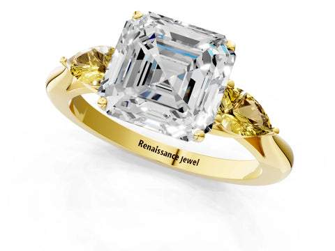 Yellow gold Asscher Cut Diamond Three-Stone Ring with Pear with Yellow Sapphire side stone Side Stones and Prong Setting_1