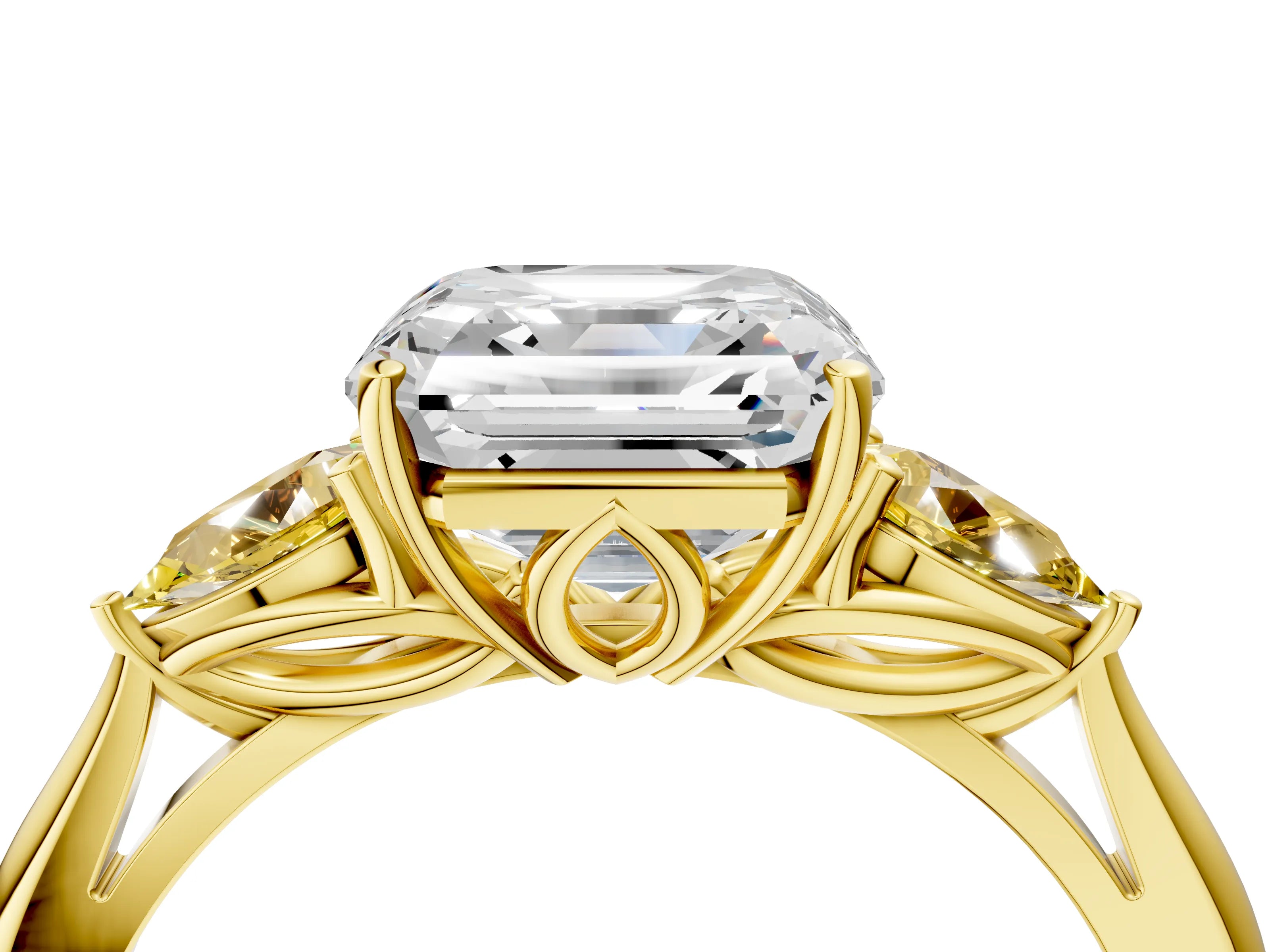 Yellow gold Asscher Cut Diamond Three-Stone Ring with Pear with Yellow Sapphire side stone Side Stones and Prong Setting_4