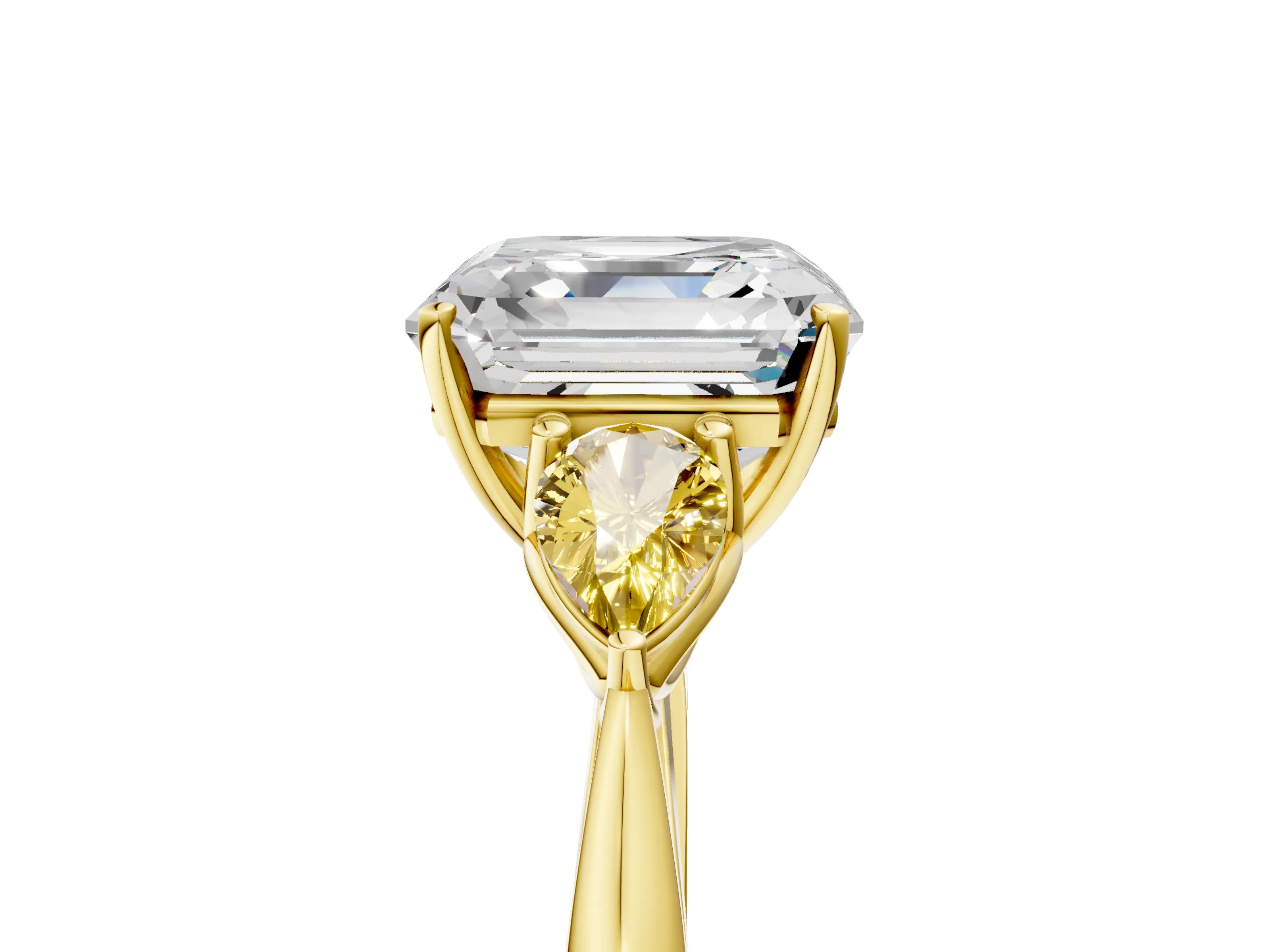 Yellow gold Asscher Cut Diamond Three-Stone Ring with Pear with Yellow Sapphire side stone Side Stones and Prong Setting_5