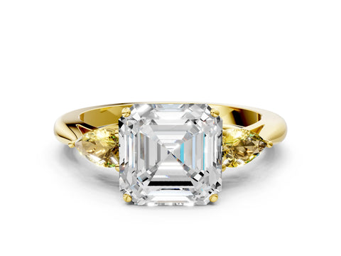 Yellow gold Asscher Cut Diamond Three-Stone Ring with Pear with Yellow Sapphire side stone Side Stones and Prong Setting