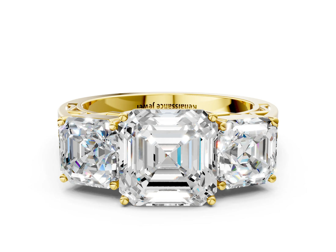 Yellow gold Asscher Cut Diamond Three-Stone Ring with Prong Setting and Textured Band_31