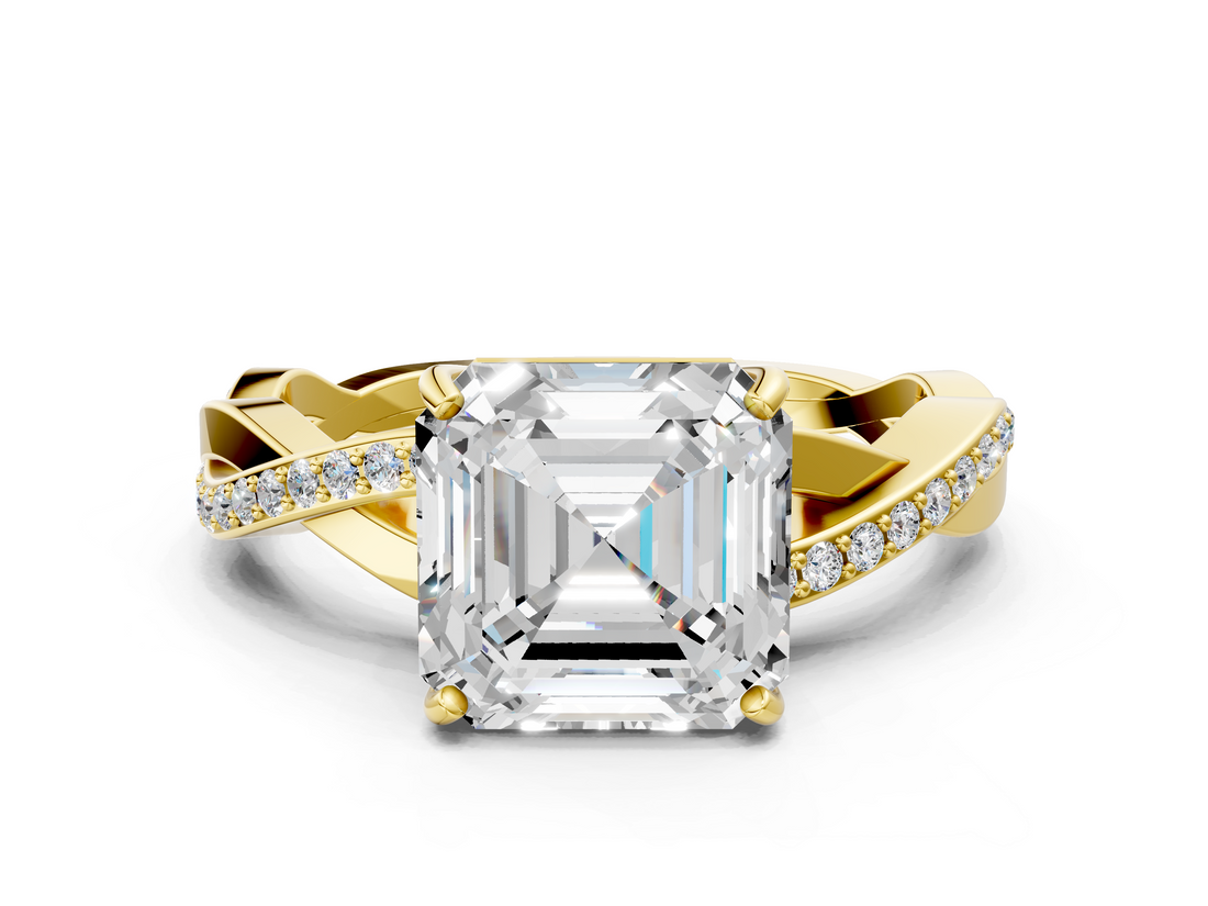 Yellow gold Asscher Cut Diamond Twisted Band Engagement Ring with Prong Setting_3