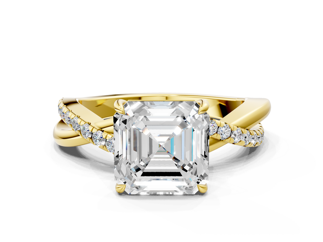 Yellow gold Asscher Cut Diamond Twisted Band with Pavé Setting and Four-Prong Setting_23