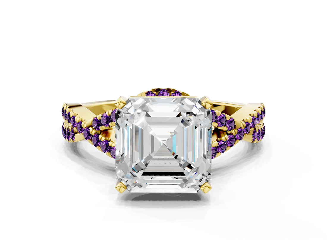 Yellow gold Asscher Cut Diamond with Amethyst side stone Halo Twist Band Solitaire Prong Setting Ring_12